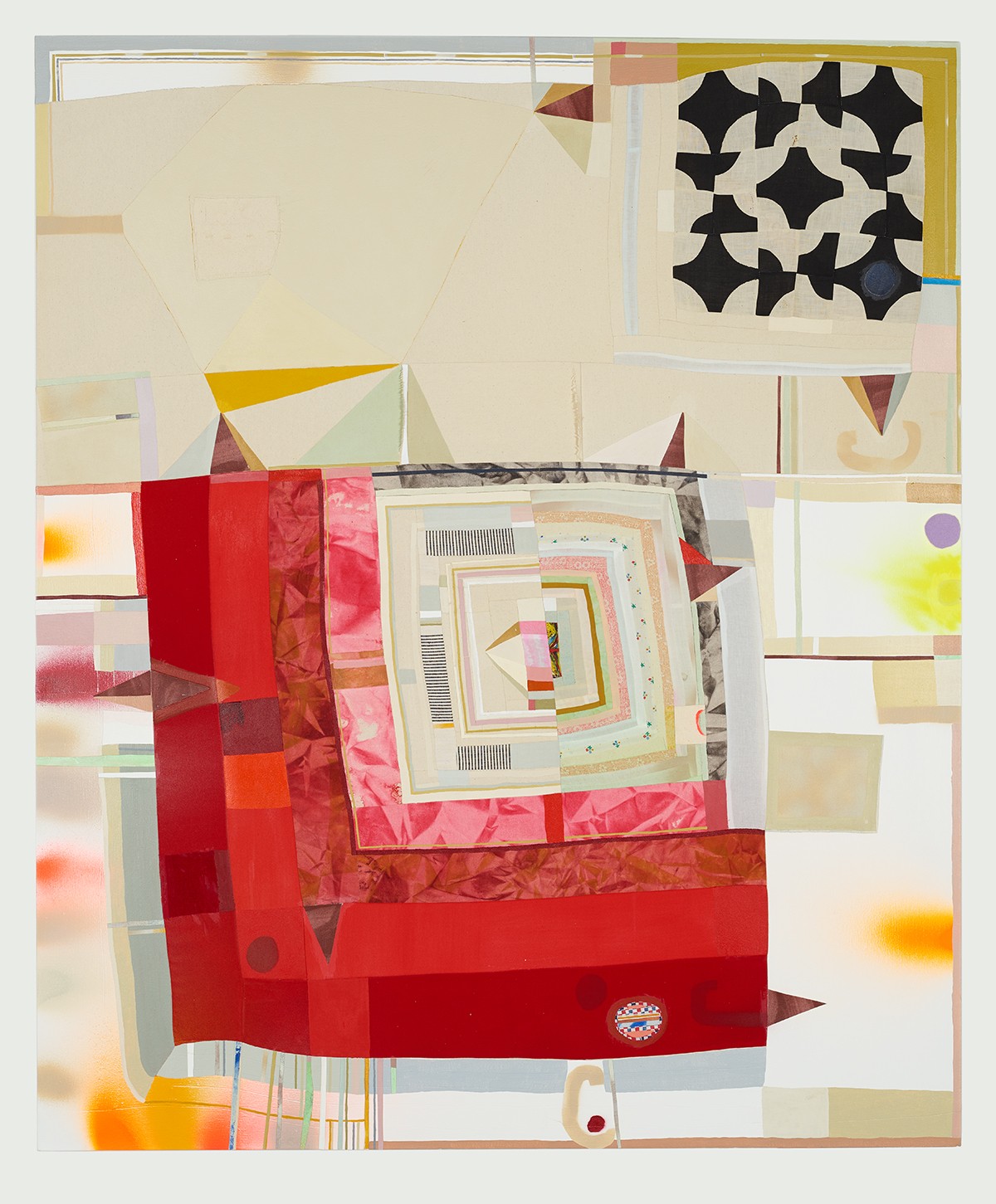 Barbara Campbell Thomas, Inscape, Collaged fabric, collaged cut-up paintings, spray paint, acrylic paint on canvas with insets of pieced and machine-stitched fabric, 72 x 60 in., 2020 
