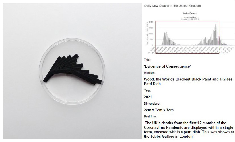 Cameron Lings, Evidence of Consequence, from Generative Statistic Sculptures, Wood, the Worlds Blackest-Black Paint and a Glass Petri Dish, 2021